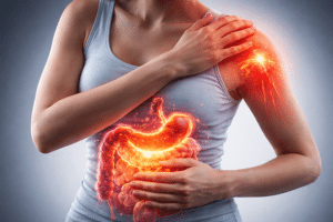 a person with inflamed gut and painful shoulder illustrating the gut health and chronic pain connection