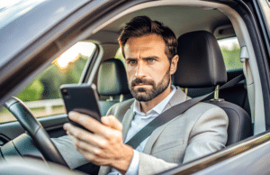 Driver on phone at red light illustrating distracted driving collision risk