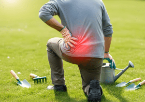 Person holding lower back while doing yard work illustrating a common spring back injury