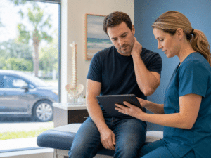 Patient discussing delayed pain after a car accident with a Momentum Medical clinician.
