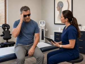 Patient being evaluated for headaches and migraines after a car accident at Momentum Medical.