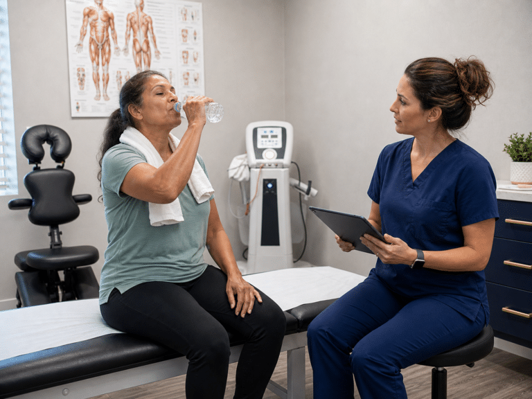 Patient managing heat, dehydration, muscle spasms, joint pain, and headaches in Central Florida.