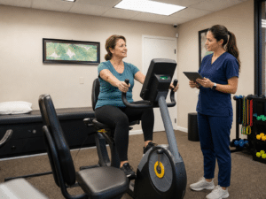 Person using exercise bike after a long drive because of road-trip back pain, sciatica, neck pain, and stiffness.