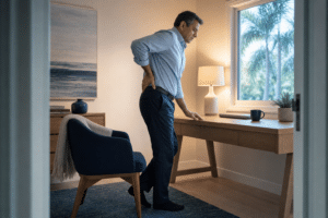 Man rising from a home-office chair with low-back and leg discomfort associated with sciatica.