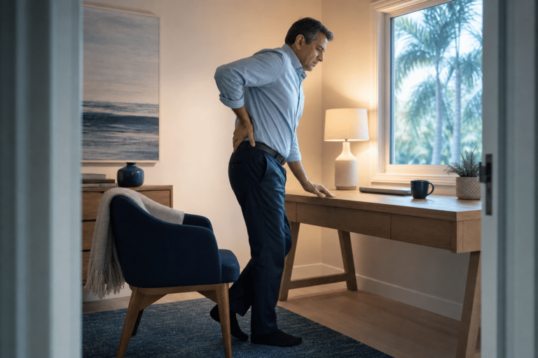 Man rising from a home-office chair with low-back and leg discomfort associated with sciatica.