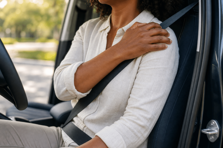 Close-up of a seat belt crossing a driver’s shoulder, illustrating shoulder pain after a car accident.